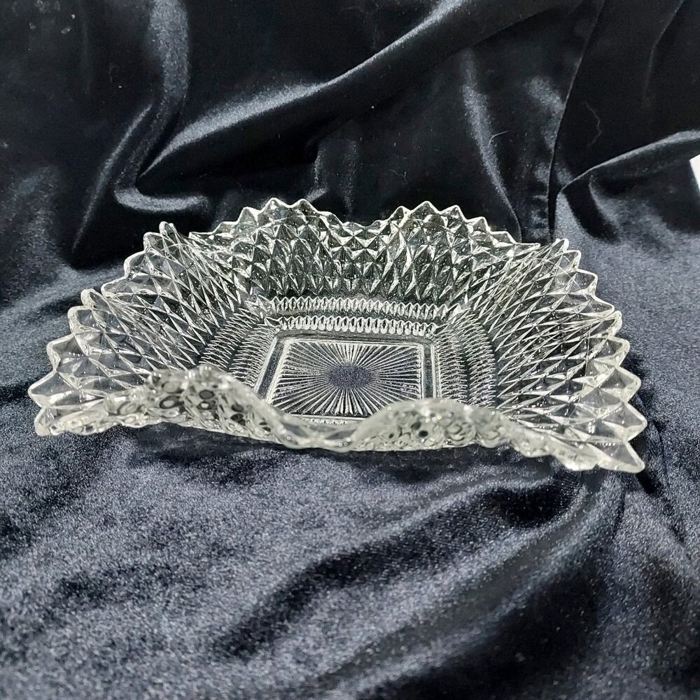 Clear Depression Glass Diamond Cut Candy Dish Candle Holder Sawtooth Edges Set 3 - Picture 4 of 12